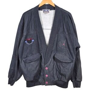 Bugle Boy Vtg 90s Quilted Cardigan Mens XL Faded Black Patches Distressed Read